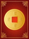 Chinese gold coin isolated on red background with traditional golden frame. Royalty Free Stock Photo
